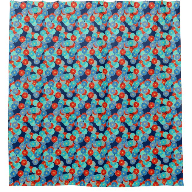 Art Deco flower pattern - blue, turquoise and red Shower Curtain (Front)