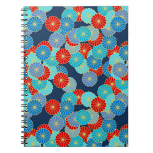 Art Deco flower pattern - blue, turquoise and red Spiral Notebook
