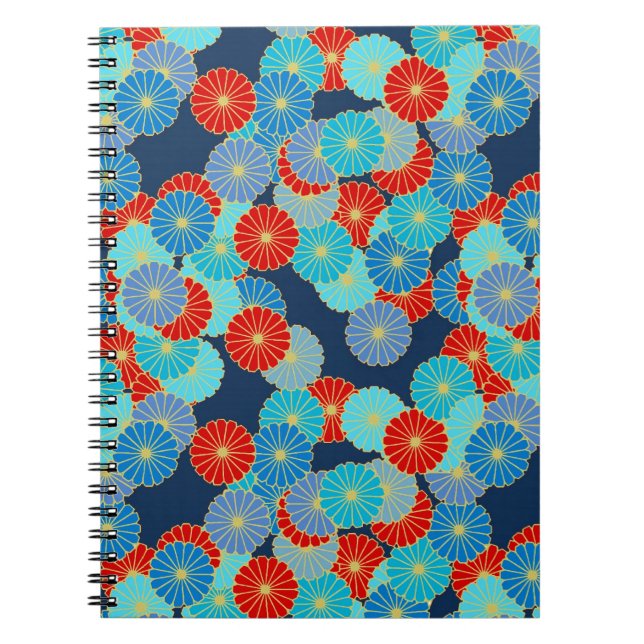 Art Deco flower pattern - blue, turquoise and red Spiral Notebook (Front)