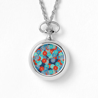 Art Deco flower pattern - blue, turquoise and red Watch