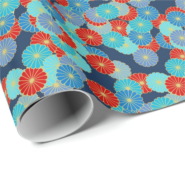 Art Deco flower pattern - blue, turquoise and red Wrapping Paper (Roll Corner)