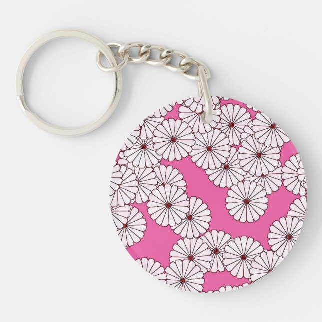 Art Deco flower pattern - cream on pink Key Ring (Front)