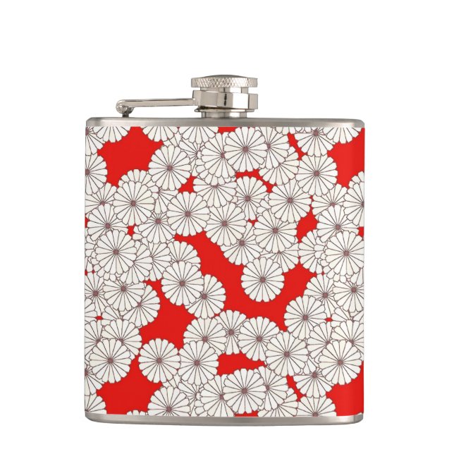 Art Deco flower pattern - cream on red Hip Flask (Front)