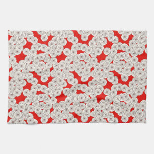Art Deco flower pattern - cream on red Tea Towel