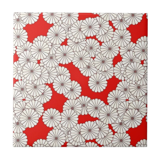Art Deco flower pattern - cream on red Tile (Front)