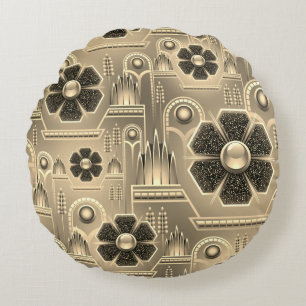 Art deco flower pattern floral geometric gold round cushion