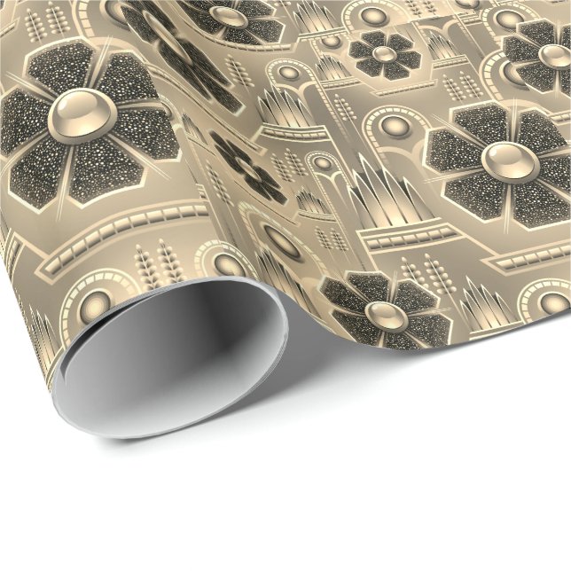 Art deco flower pattern geometric gold brown wrapping paper (Roll Corner)