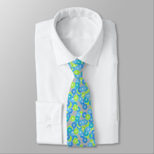 Art Deco flower pattern - grey, blue & lime green Tie