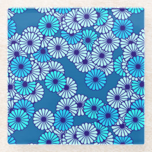 Art Deco flower pattern - shades of blue Glass Coaster