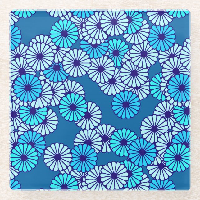 Art Deco flower pattern - shades of blue Glass Coaster (Front)