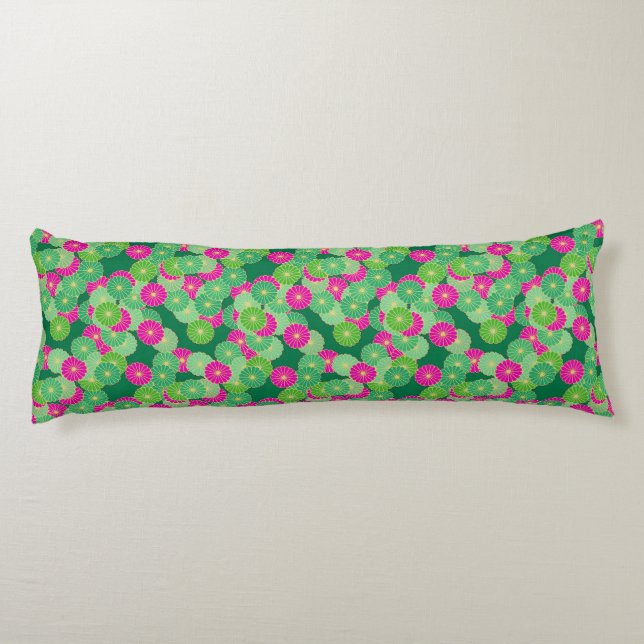 Art Deco flower pattern - shades of green, fuchsia Body Cushion (Back)