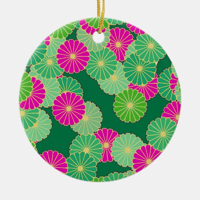 Art Deco flower pattern - shades of green, fuchsia Ceramic Tree Decoration (Front)