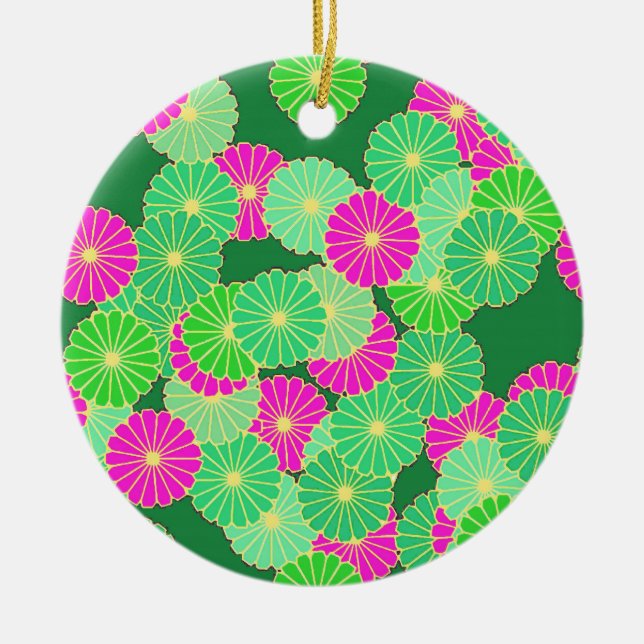 Art Deco flower pattern - shades of green, fuchsia Ceramic Tree Decoration (Front)