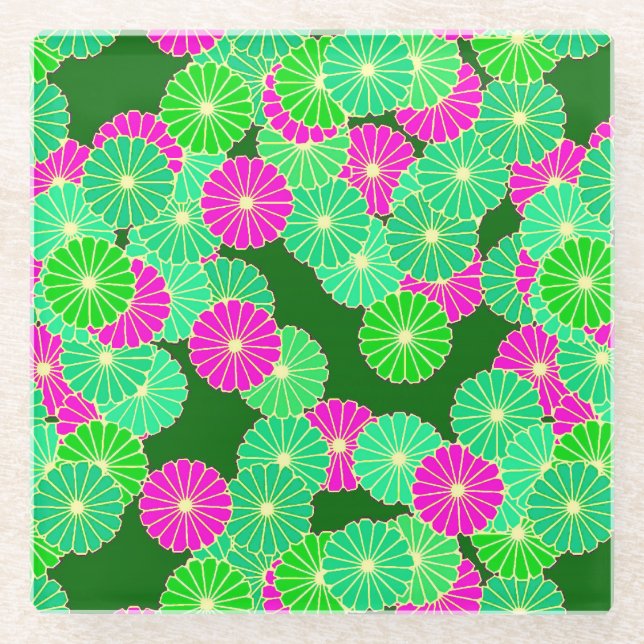 Art Deco flower pattern - shades of green, fuchsia Glass Coaster (Front)