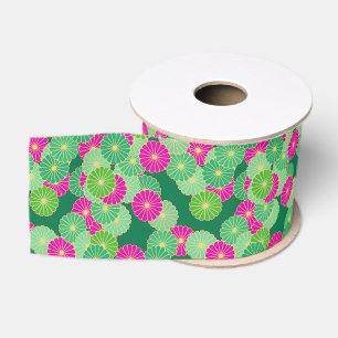 Art Deco flower pattern - shades of green, fuchsia Grosgrain Ribbon