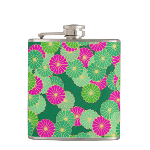 Art Deco flower pattern - shades of green, fuchsia Hip Flask