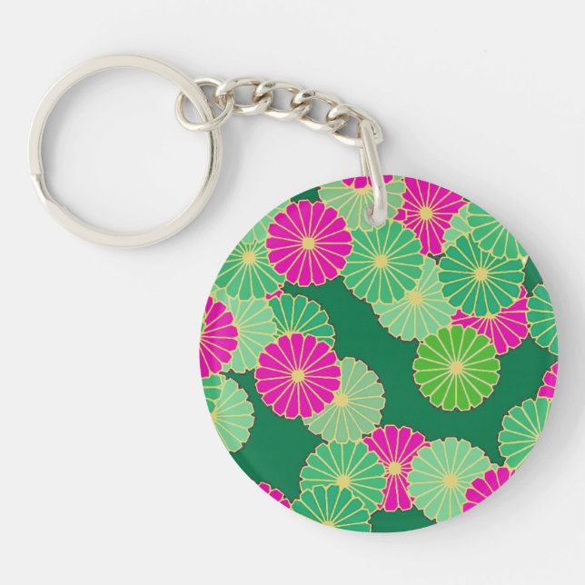 Art Deco flower pattern - shades of green, fuchsia Key Ring (Front)