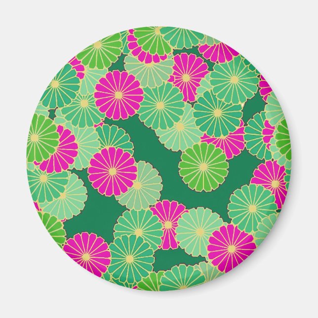 Art Deco flower pattern - shades of green, fuchsia Magnet (Front)