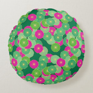 Art Deco flower pattern - shades of green, fuchsia Round Cushion