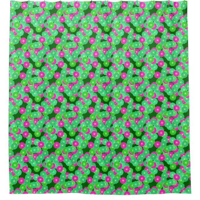 Art Deco flower pattern - shades of green, fuchsia Shower Curtain (Front)