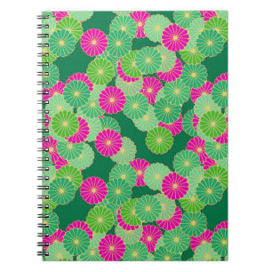 Art Deco flower pattern - shades of green, fuchsia Spiral Notebook