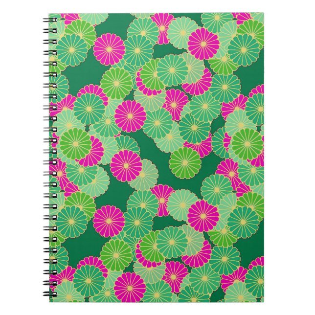 Art Deco flower pattern - shades of green, fuchsia Spiral Notebook (Front)