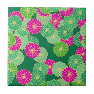 Art Deco flower pattern - shades of green, fuchsia Tile