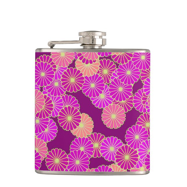 Art Deco flower pattern - shades of violet, coral Hip Flask (Front)