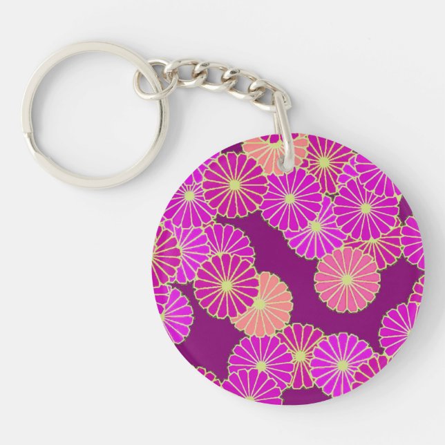 Art Deco flower pattern - shades of violet, coral Key Ring (Front)