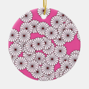 Art Deco flower pattern - white on deep pink Ceramic Tree Decoration