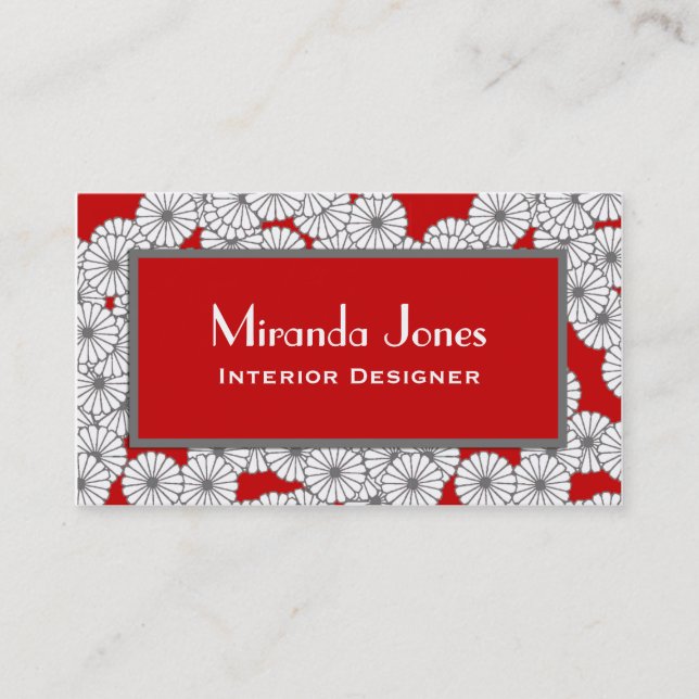 Art Deco flower pattern - white on deep red Business Card (Front)
