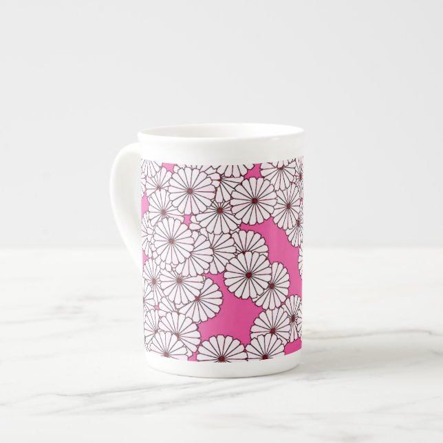 Art Deco flower pattern - white on pink Bone China Mug (Front Left)