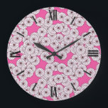 Art Deco flower pattern - white on pink Large Clock<br><div class="desc">An Art Deco pattern based on a traditional,  stylized chrysanthemum pattern used in Japanese textiles,  in creamy white outlined in black with a deep pink background</div>