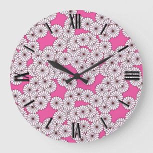 Art Deco flower pattern - white on pink Large Clock