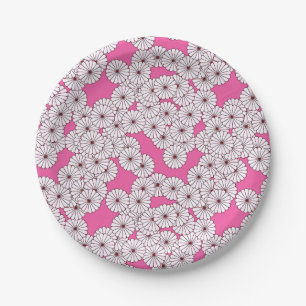 Art Deco flower pattern - white on pink Paper Plate