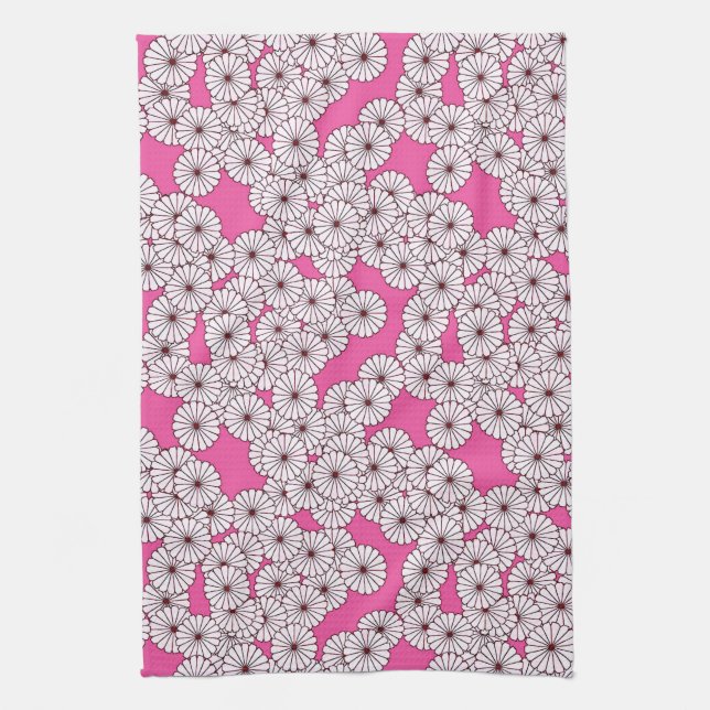 Art Deco flower pattern - white on pink Tea Towel (Vertical)