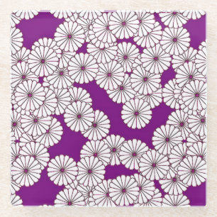 Art Deco flower pattern - white on purple Glass Coaster