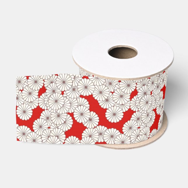 Art Deco flower pattern - white on red Grosgrain Ribbon (Spool)