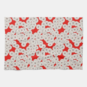 Art Deco flower pattern - white on red Tea Towel