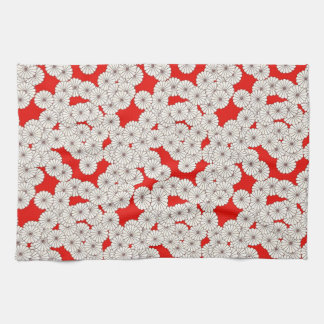 Art Deco flower pattern - white on red Tea Towel