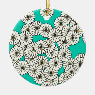 Art Deco flower pattern - white on turquoise Ceramic Tree Decoration