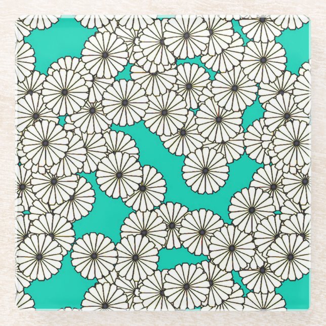Art Deco flower pattern - white on turquoise Glass Coaster (Front)