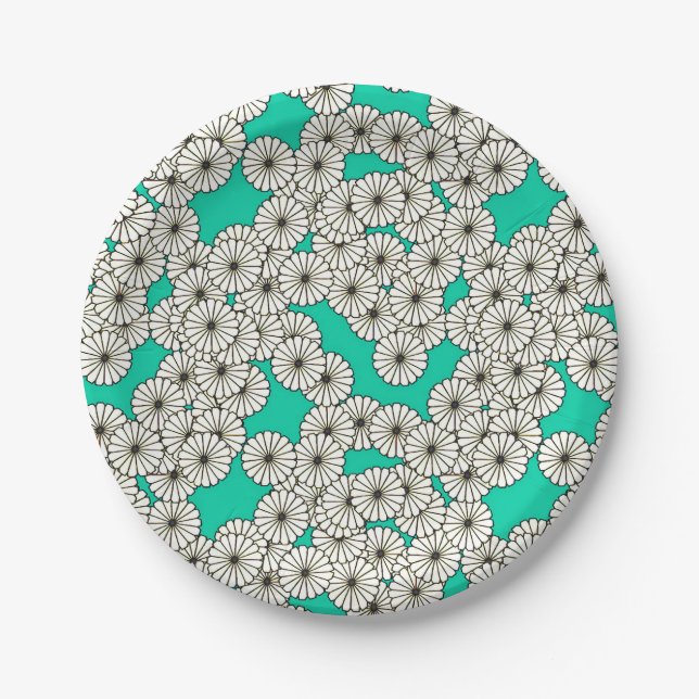Art Deco flower pattern - white on turquoise Paper Plate (Front)