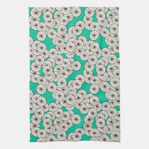 Art Deco flower pattern - white on turquoise Tea Towel