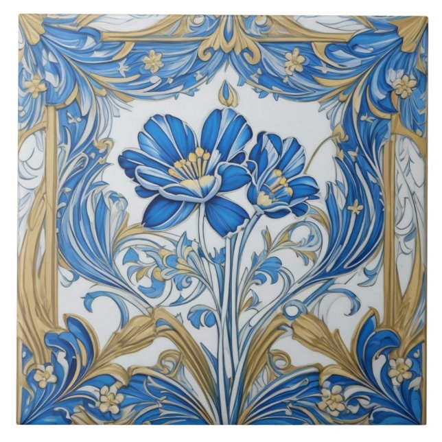 Art Deco Flowers Art Nouveau Floral Gold and Blue Tile (Front)