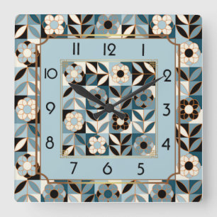 Art Deco flowers blue Square Wall Clock