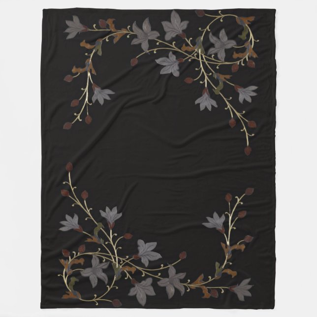 Art Deco Flowers On Black Fleece Blanket (Front)