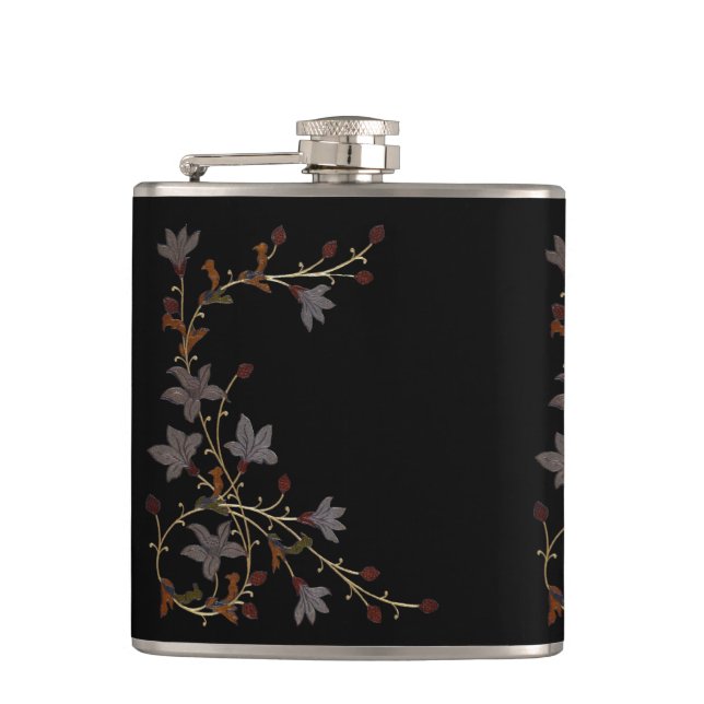 Art Deco Flowers On Black Hip Flask (Front)