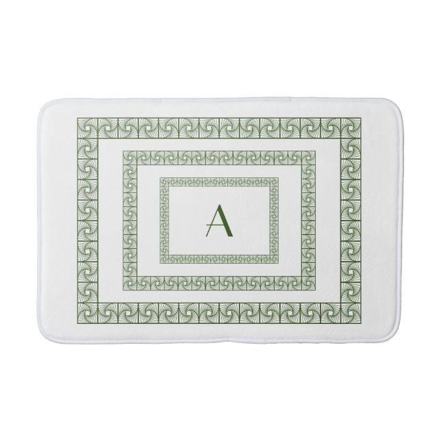 Art Deco Forest Green Border on white Bath Mat (Front)
