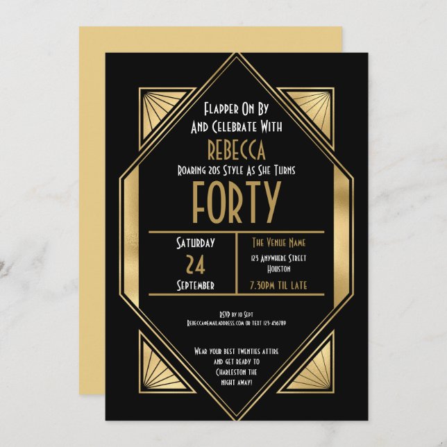 Art Deco Frame 40th Birthday Gold Black Invitation (Front/Back)